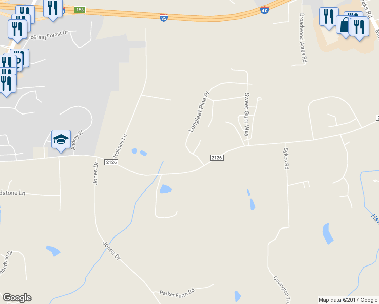 map of restaurants, bars, coffee shops, grocery stores, and more near 1044 Longleaf Pine Place in Mebane