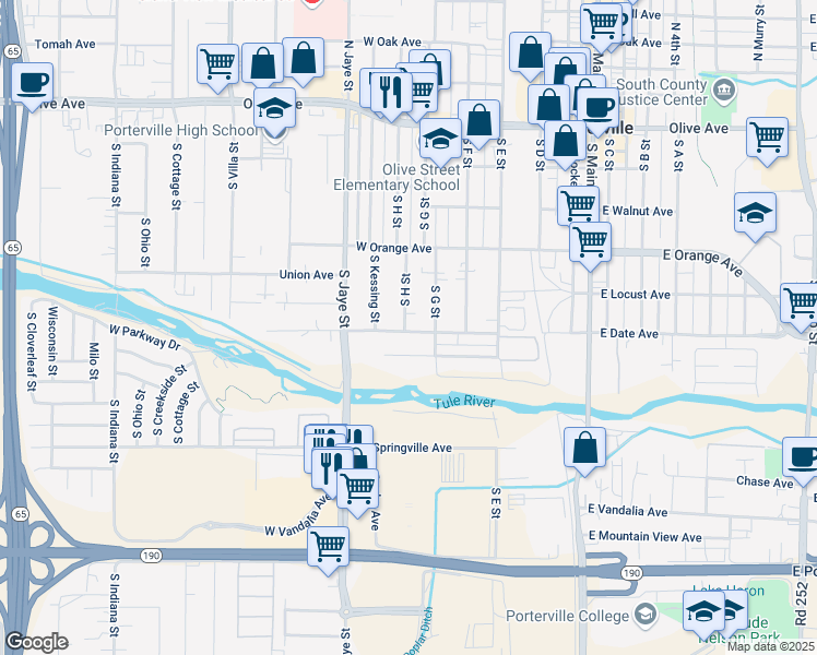 map of restaurants, bars, coffee shops, grocery stores, and more near 288 West Date Avenue in Porterville