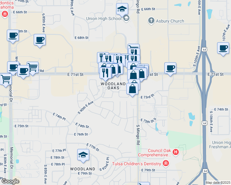 map of restaurants, bars, coffee shops, grocery stores, and more near 7209 South 92nd East Avenue in Tulsa