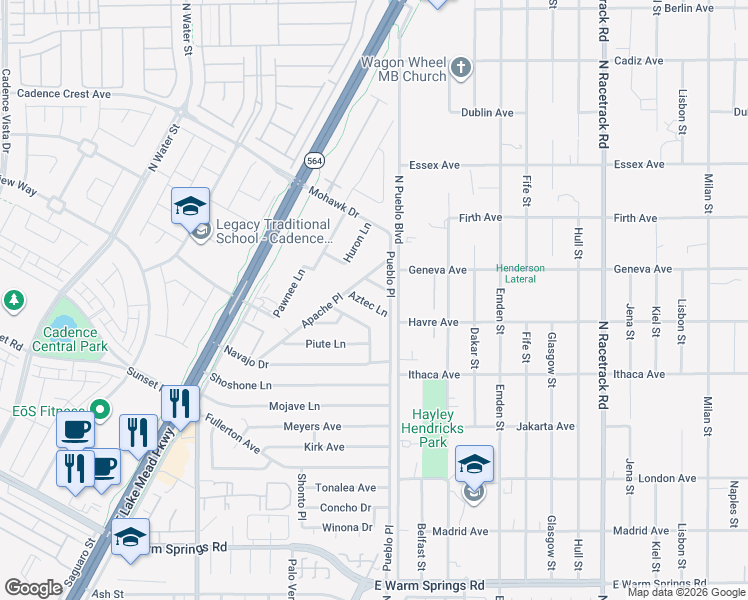map of restaurants, bars, coffee shops, grocery stores, and more near 276 Aztec Lane in Henderson