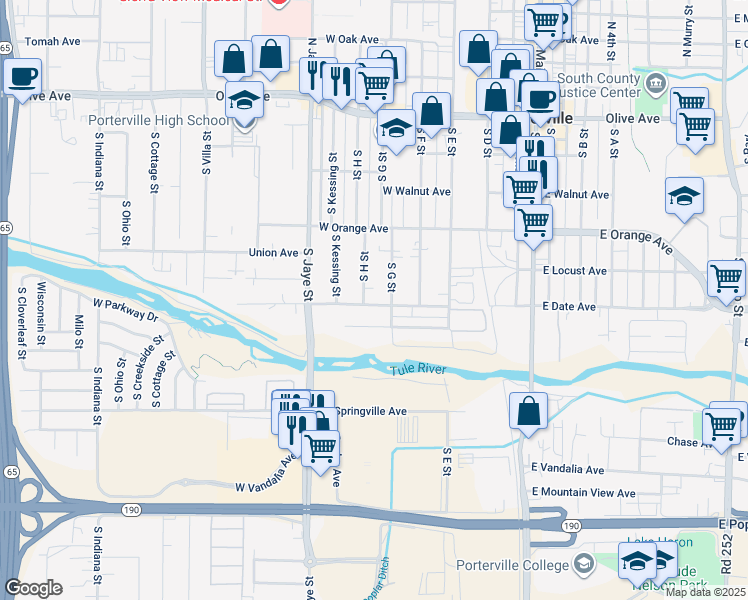 map of restaurants, bars, coffee shops, grocery stores, and more near 289 West Date Avenue in Porterville