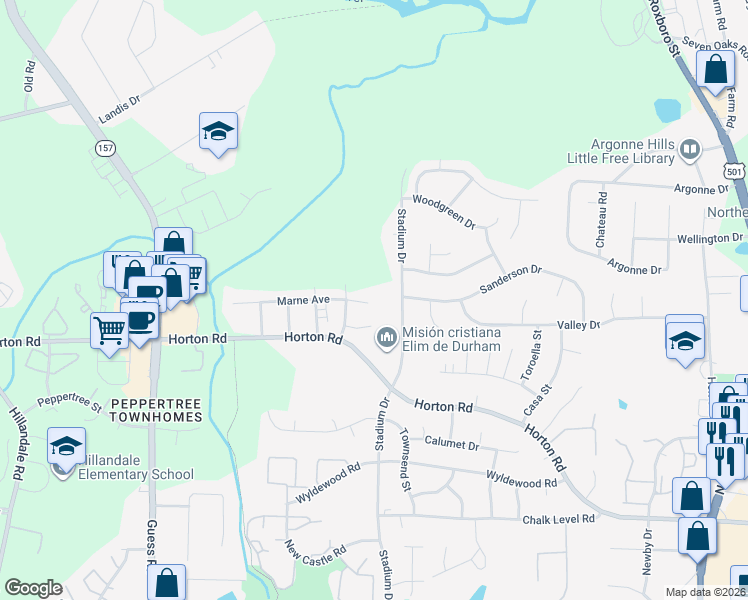 map of restaurants, bars, coffee shops, grocery stores, and more near 2633 Stadium Drive in Durham