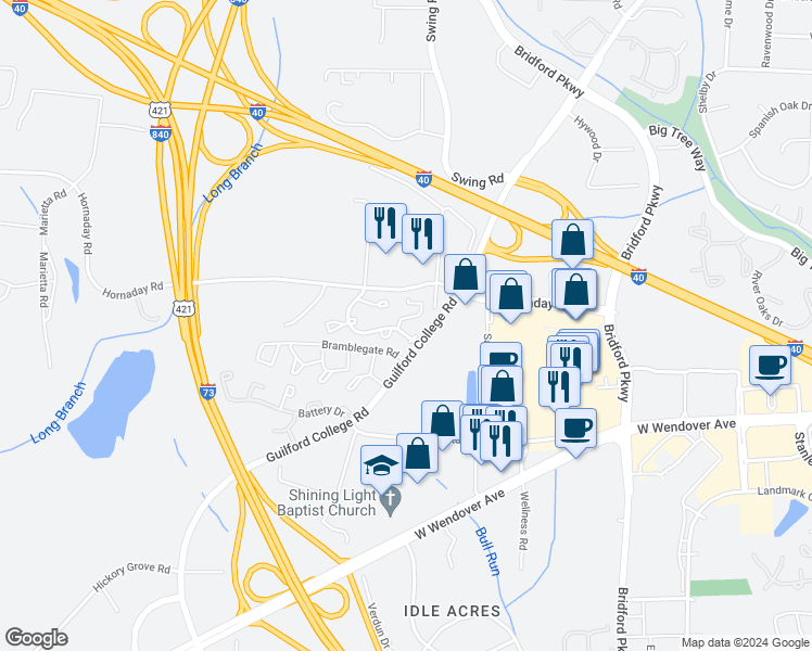 map of restaurants, bars, coffee shops, grocery stores, and more near 814 Guilford College Road in Greensboro