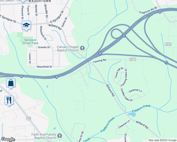map of restaurants, bars, coffee shops, grocery stores, and more near 2405 Markwood Lane Southeast in Winston-Salem