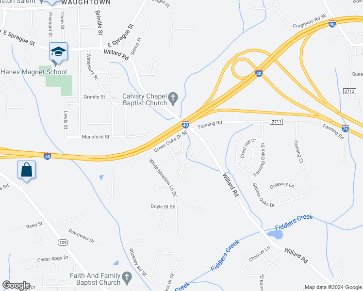map of restaurants, bars, coffee shops, grocery stores, and more near 2405 Markwood Lane Southeast in Winston-Salem