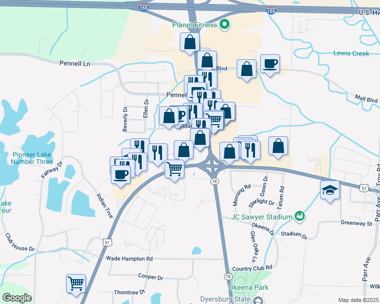 map of restaurants, bars, coffee shops, grocery stores, and more near 850 Tennessee 3 in Dyersburg