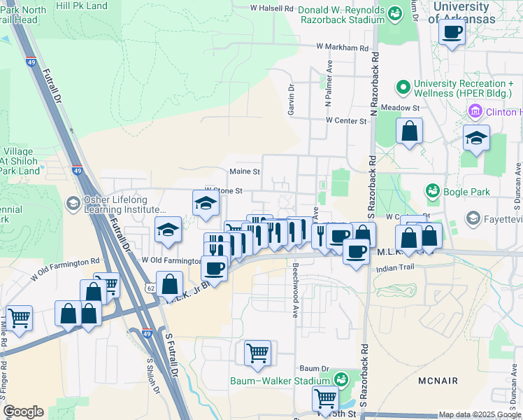 map of restaurants, bars, coffee shops, grocery stores, and more near South Bloomfield Loop in Fayetteville