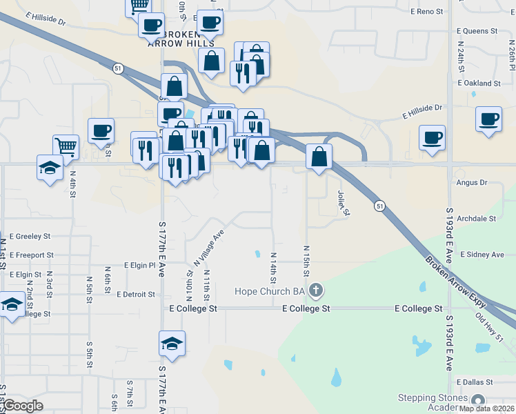 map of restaurants, bars, coffee shops, grocery stores, and more near 1221 East Hartford Street in Broken Arrow