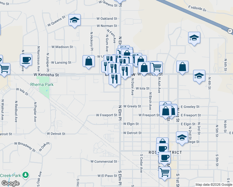 map of restaurants, bars, coffee shops, grocery stores, and more near 701 West Hartford Place in Broken Arrow