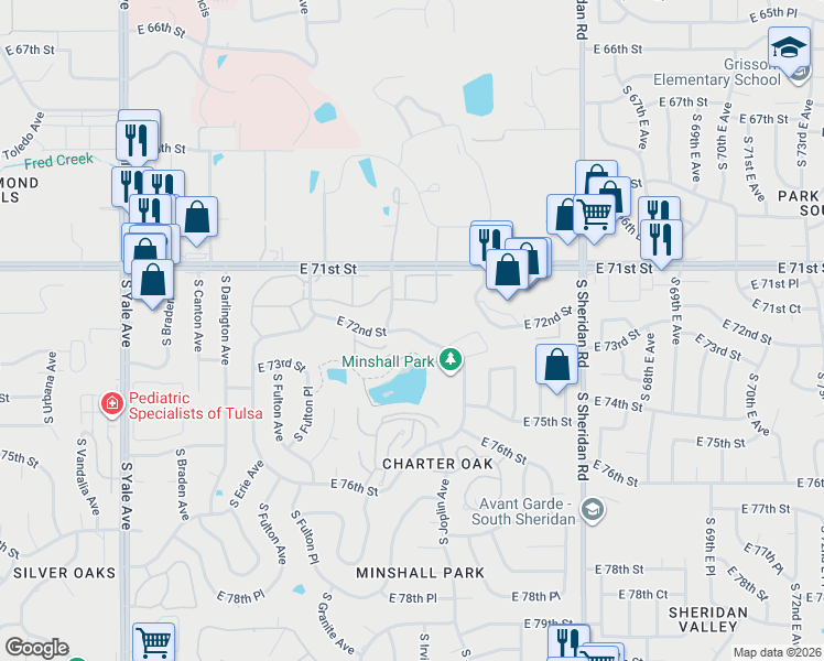 map of restaurants, bars, coffee shops, grocery stores, and more near 5743 East 72nd Place in Tulsa