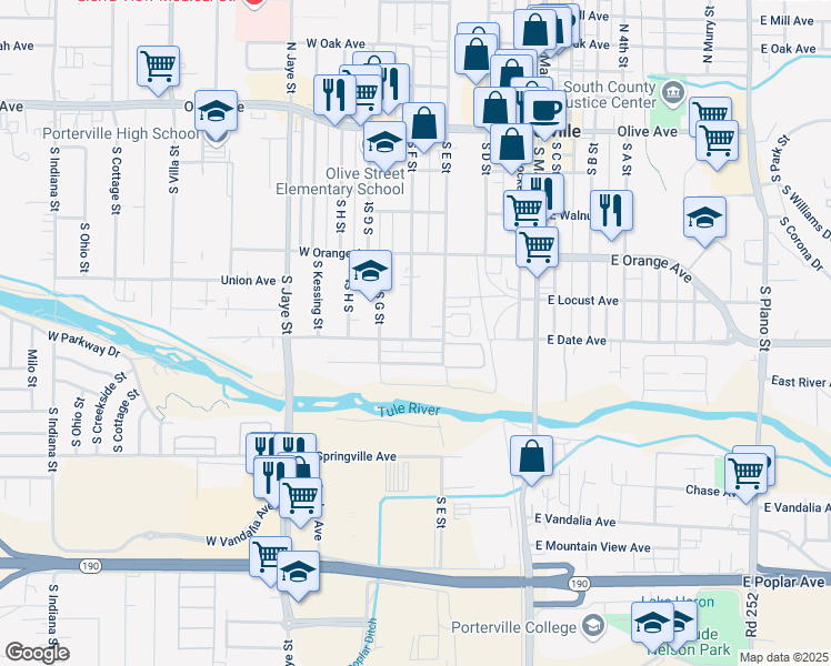 map of restaurants, bars, coffee shops, grocery stores, and more near 382 South F Street in Porterville