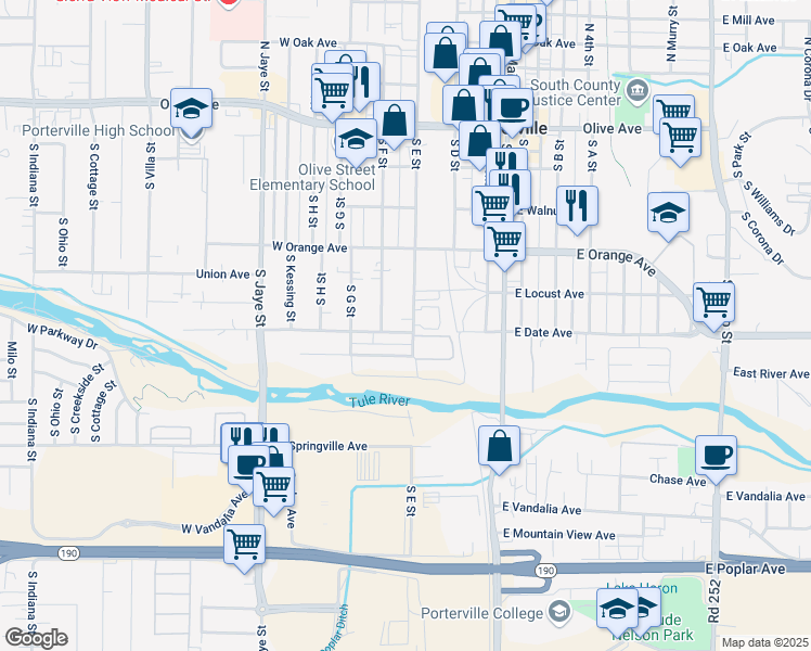 map of restaurants, bars, coffee shops, grocery stores, and more near 385 South E Street in Porterville