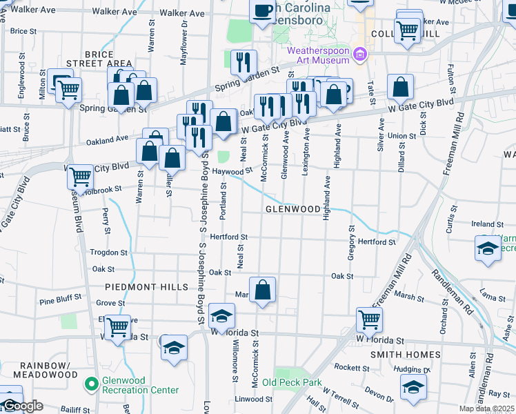 map of restaurants, bars, coffee shops, grocery stores, and more near 928 McCormick Street in Greensboro
