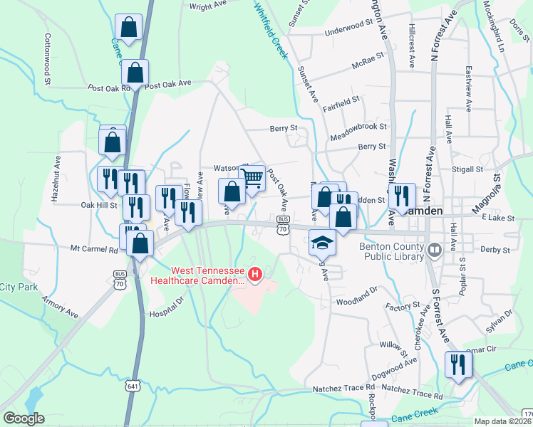 map of restaurants, bars, coffee shops, grocery stores, and more near 198 W Main St in Camden