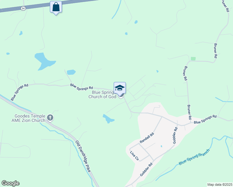 map of restaurants, bars, coffee shops, grocery stores, and more near 3229 Blue Springs Road in Strawberry Plains