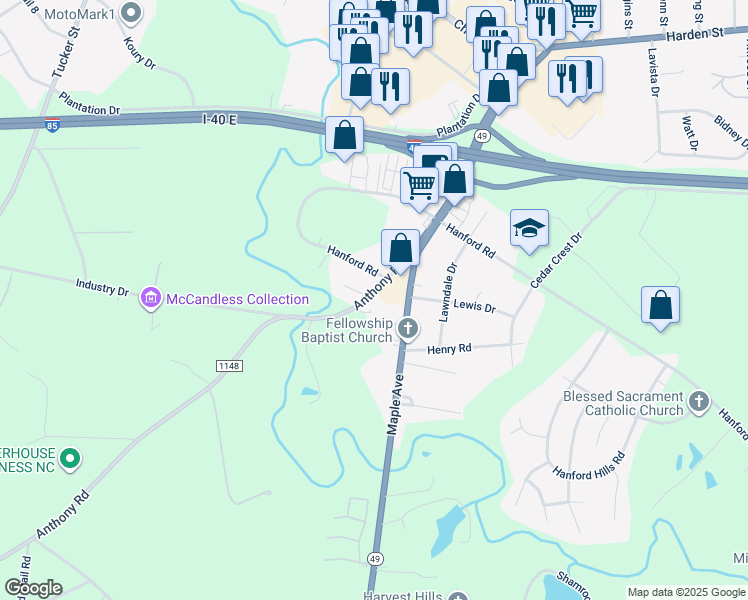 map of restaurants, bars, coffee shops, grocery stores, and more near 1154 Anthony Road in Burlington
