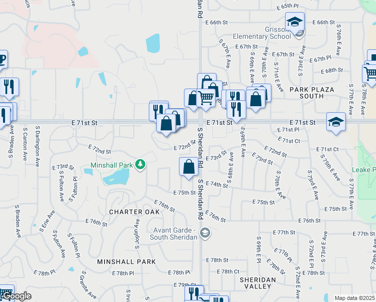 map of restaurants, bars, coffee shops, grocery stores, and more near 6320 East 72nd Street in Tulsa