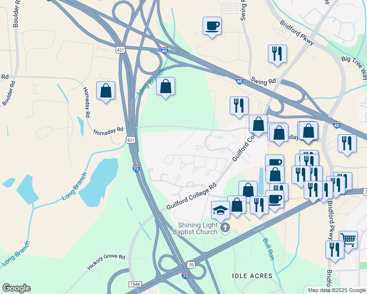 map of restaurants, bars, coffee shops, grocery stores, and more near 5615 Hornaday Road in Greensboro