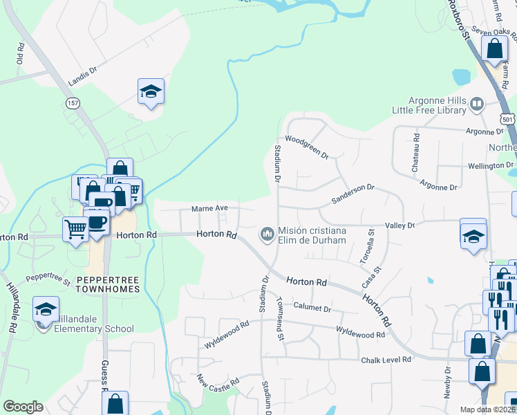 map of restaurants, bars, coffee shops, grocery stores, and more near 2633 Stadium Drive in Durham