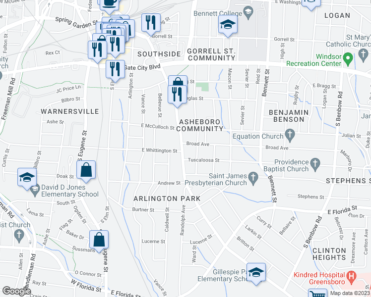 map of restaurants, bars, coffee shops, grocery stores, and more near 803 Martin Luther King Junior Drive in Greensboro