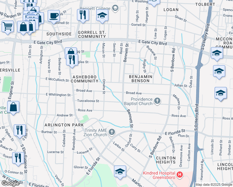 map of restaurants, bars, coffee shops, grocery stores, and more near 820 Broad Avenue in Greensboro