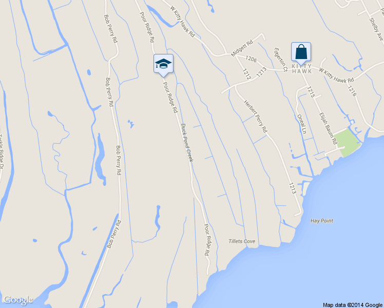 map of restaurants, bars, coffee shops, grocery stores, and more near 3930 Poor Ridge Road in Kitty Hawk