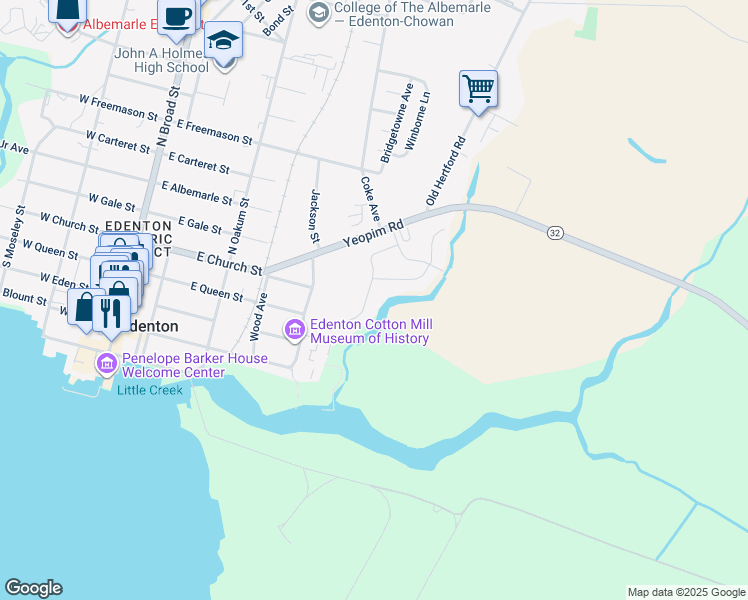 map of restaurants, bars, coffee shops, grocery stores, and more near 215 Lakeside Drive in Edenton