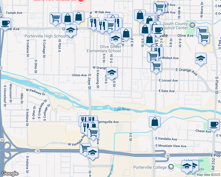 map of restaurants, bars, coffee shops, grocery stores, and more near 282 West Date Avenue in Porterville