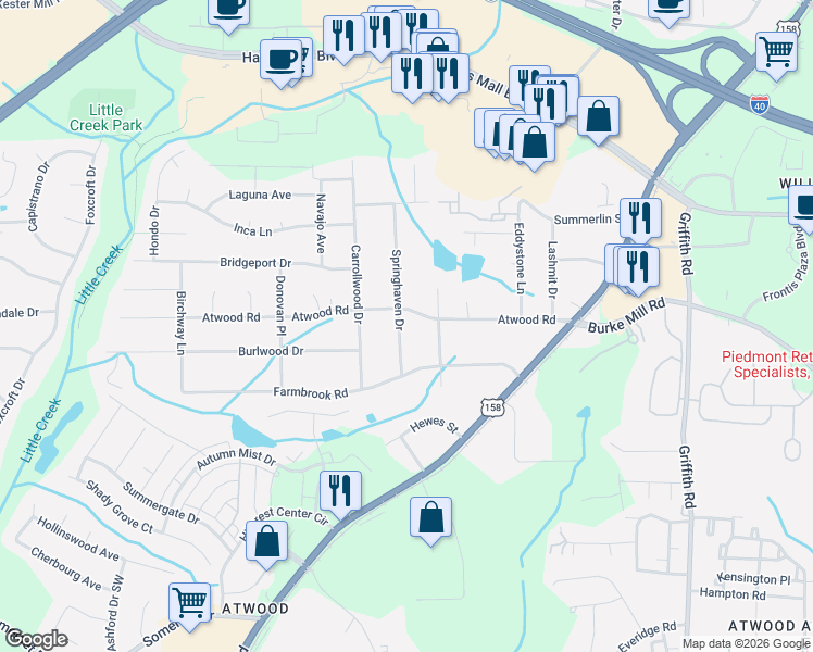 map of restaurants, bars, coffee shops, grocery stores, and more near 3021 Springhaven Drive in Winston-Salem
