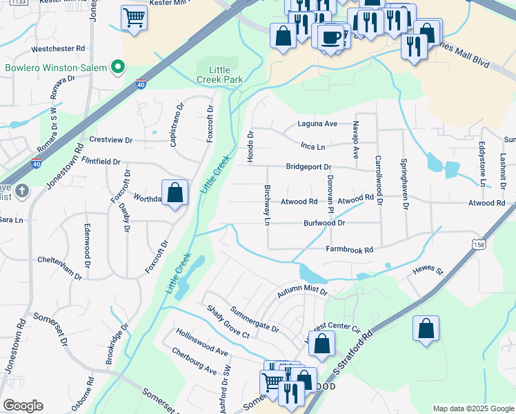 map of restaurants, bars, coffee shops, grocery stores, and more near 2910 Atwood Road in Winston-Salem