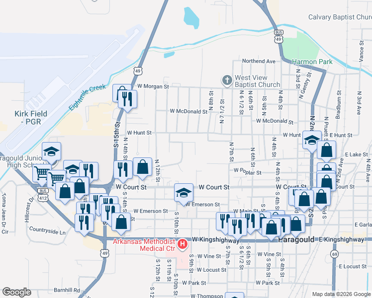 map of restaurants, bars, coffee shops, grocery stores, and more near in Paragould