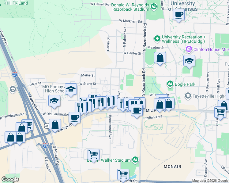 map of restaurants, bars, coffee shops, grocery stores, and more near 1620 West Mitchell Street in Fayetteville