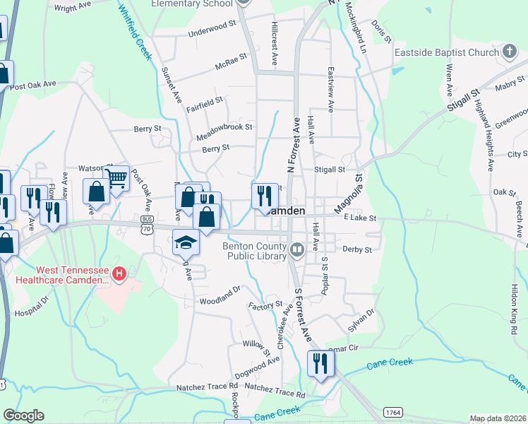 map of restaurants, bars, coffee shops, grocery stores, and more near 127 West Lake Street in Camden