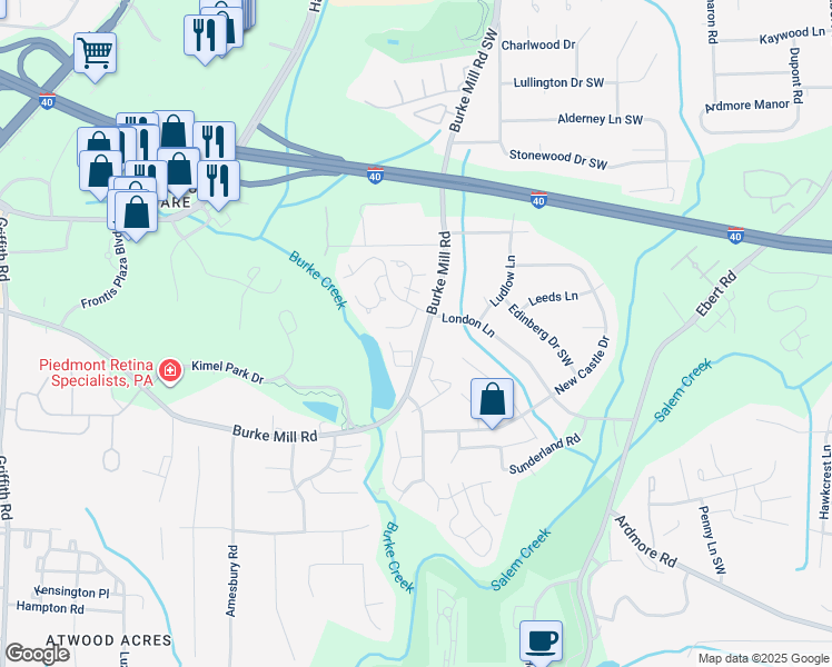 map of restaurants, bars, coffee shops, grocery stores, and more near 2012 Williamsburg Manor Court in Winston-Salem
