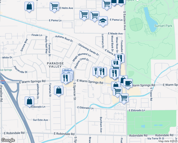 map of restaurants, bars, coffee shops, grocery stores, and more near 7227 Paradise Bay Drive in Las Vegas