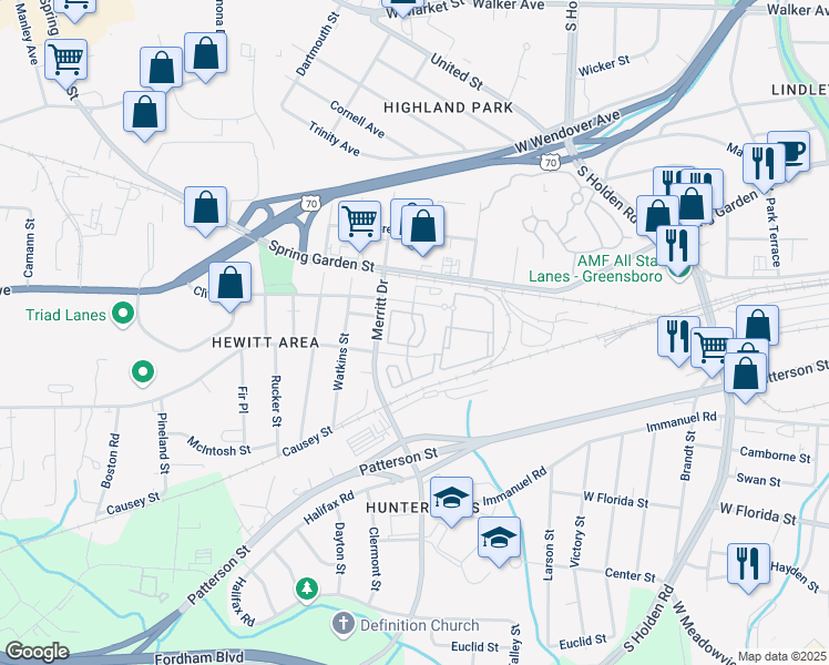 map of restaurants, bars, coffee shops, grocery stores, and more near 3614 Hewitt Street in Greensboro
