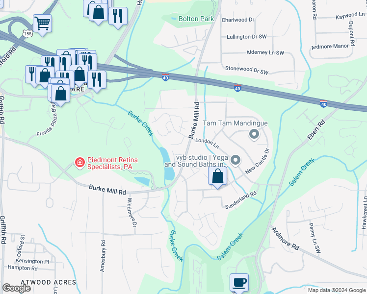 map of restaurants, bars, coffee shops, grocery stores, and more near 2012 Williamsburg Manor Court in Winston-Salem