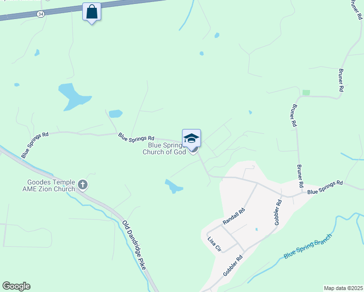 map of restaurants, bars, coffee shops, grocery stores, and more near 3229 Blue Springs Road in Strawberry Plains