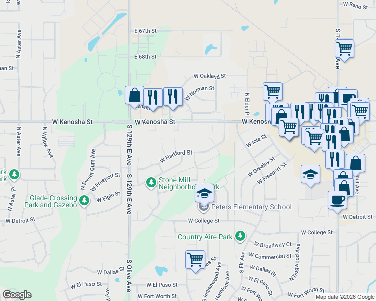map of restaurants, bars, coffee shops, grocery stores, and more near 3025 West Hartford Street in Broken Arrow