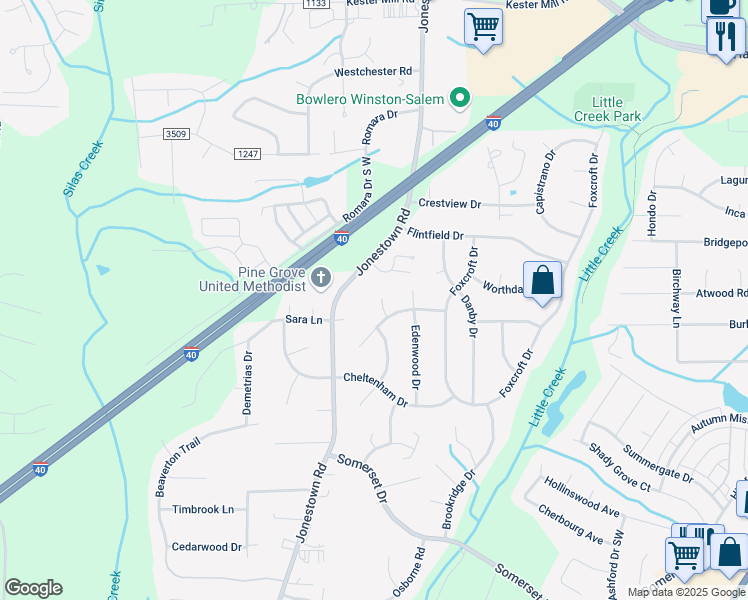 map of restaurants, bars, coffee shops, grocery stores, and more near 1131 Jonestown Road in Winston-Salem