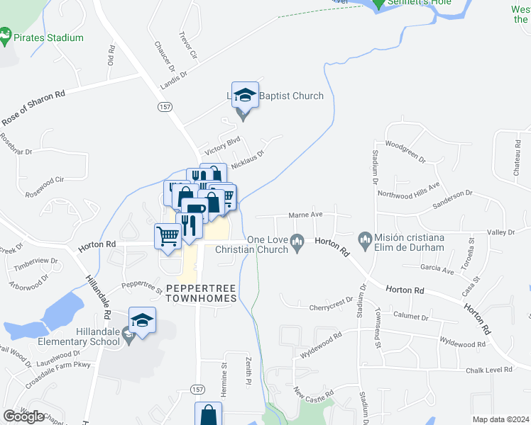 map of restaurants, bars, coffee shops, grocery stores, and more near 1334 Marne Avenue in Durham