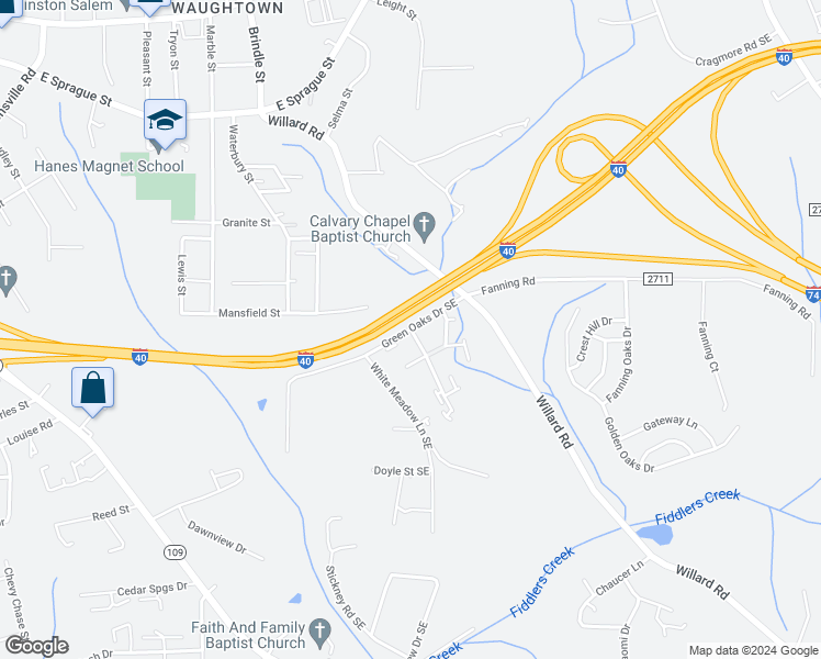 map of restaurants, bars, coffee shops, grocery stores, and more near 1700 Green Oaks Court Southeast in Winston-Salem