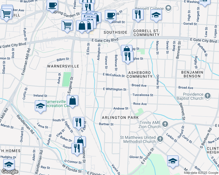 map of restaurants, bars, coffee shops, grocery stores, and more near 300 East Whittington Street in Greensboro