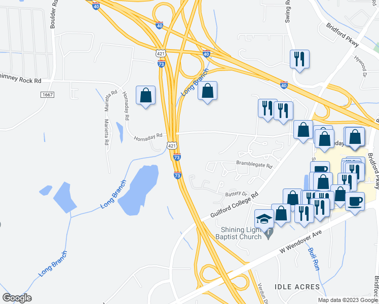 map of restaurants, bars, coffee shops, grocery stores, and more near 5645 Hornaday Road in Greensboro