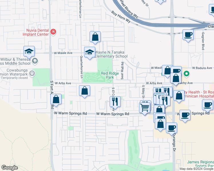 map of restaurants, bars, coffee shops, grocery stores, and more near 9050 West Warm Springs Road in Las Vegas