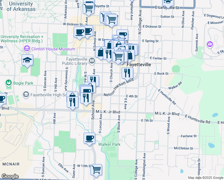 map of restaurants, bars, coffee shops, grocery stores, and more near County Road 121 in Fayetteville