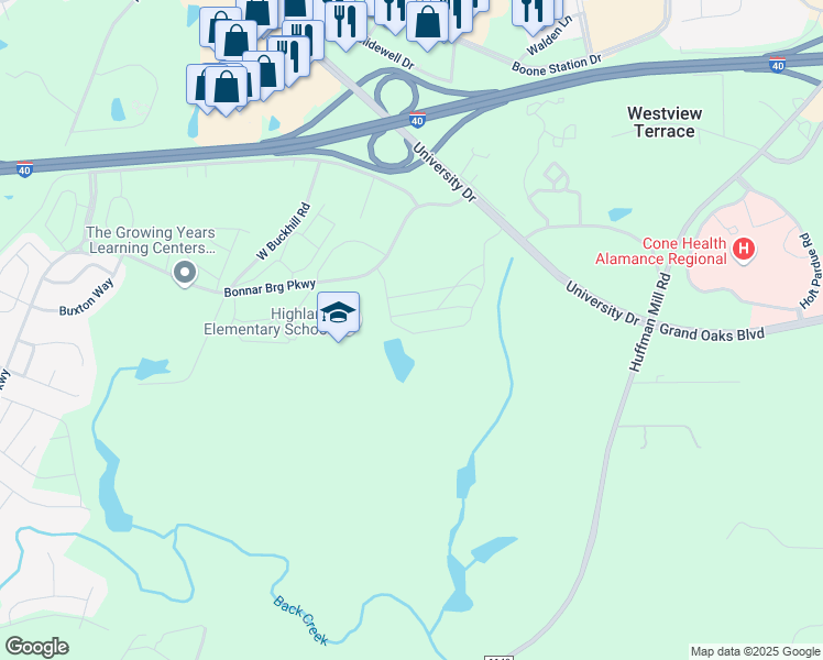 map of restaurants, bars, coffee shops, grocery stores, and more near 1729 University Drive in Burlington