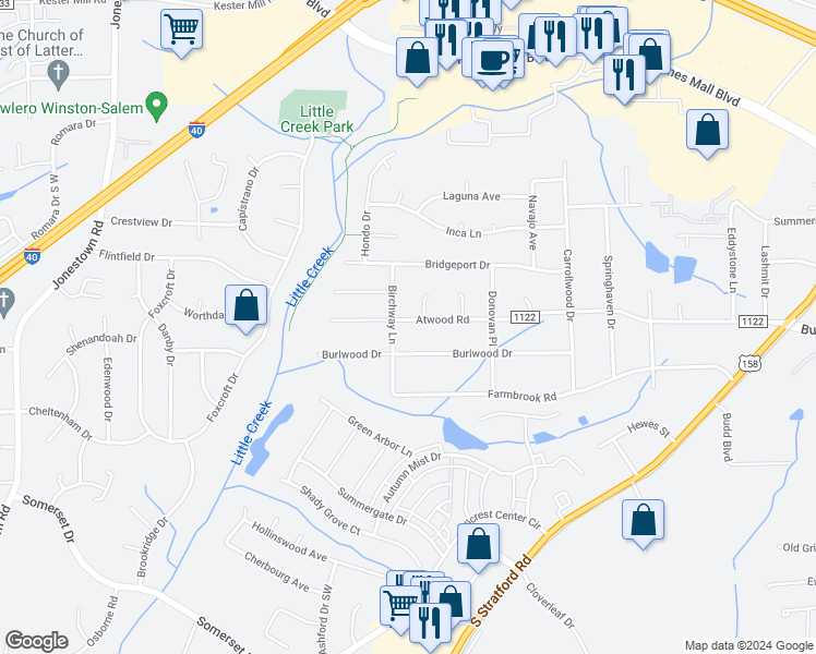 map of restaurants, bars, coffee shops, grocery stores, and more near 2890 Atwood Road in Winston-Salem