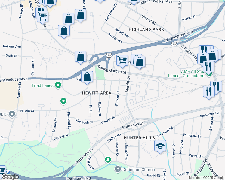 map of restaurants, bars, coffee shops, grocery stores, and more near 1002 Watkins Street in Greensboro