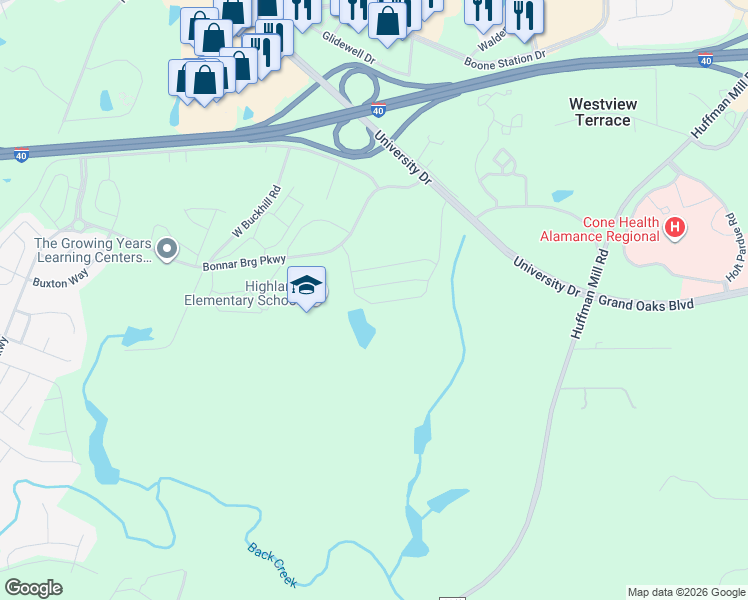 map of restaurants, bars, coffee shops, grocery stores, and more near 1729 University Drive in Burlington